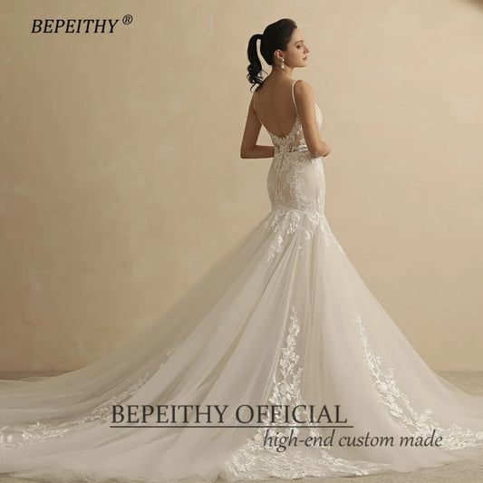 BEPEITHY Sexy Backless Trumpet Lace Wedding Dresses For Women Bride V Neck Sleeveless Ivory Summer Mermaid Bridal Gown