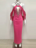 Elegant Women'S Spaghetti Strap Bandage Long Dress Luxury Diamonds Sexy Backless Tight Maxi Dress Celebrity Evening Party Gowns