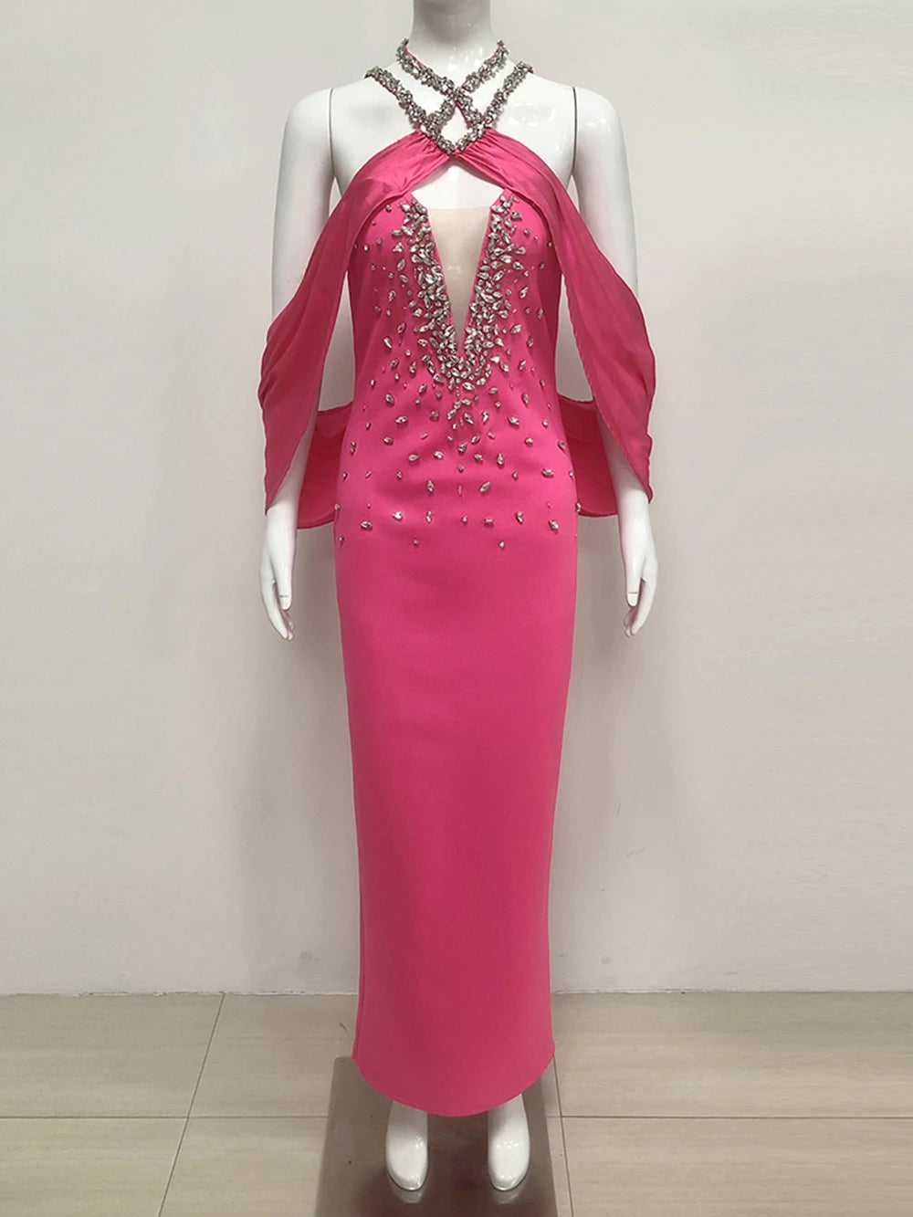 Elegant Women'S Spaghetti Strap Bandage Long Dress Luxury Diamonds Sexy Backless Tight Maxi Dress Celebrity Evening Party Gowns