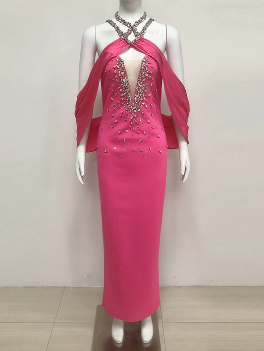 Elegant Women'S Spaghetti Strap Bandage Long Dress Luxury Diamonds Sexy Backless Tight Maxi Dress Celebrity Evening Party Gowns