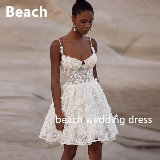 Short 3D Flowers Wedding Dress Spaghetti Straps Mini Appliques Lace Up A Line Dresses For Women Vestidos Para Mulhere