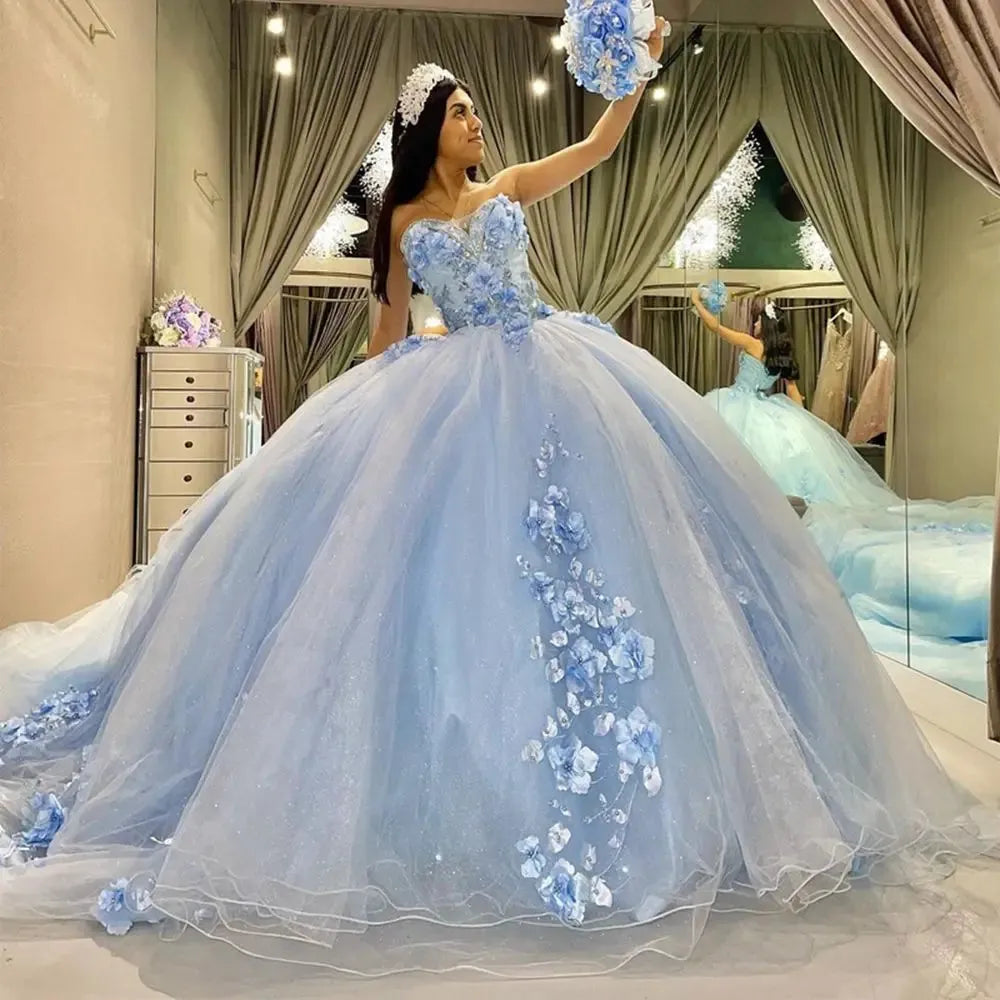 Vestidos De quinceañera De novia azul cielo flores 3D Apliques De enca