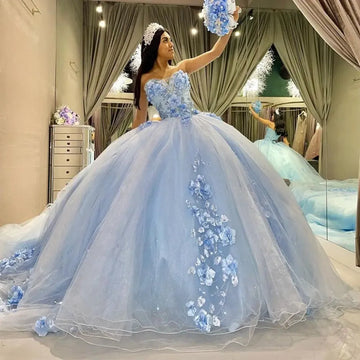 Sky Blue Sweetheart Quinceanera Dresses 3D Flowers Lace Appliques Robes De Soirée Vestidos De 15 Anos Corset Back Blue