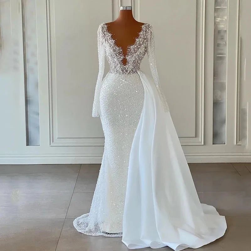 White Mermaid Wedding Dresses Boho Sequines Glitter Bride Dress V-Neck Long Sleeve Wedding Evening Prom Gowns Plus Size