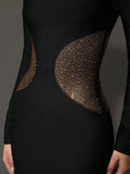 2025 Sexy Women'S Chiffon Hot Stamping Design Bandage Dress O-Neck Long Sleeved Bodycon Black Long Dress Cocktail Party Vestidos