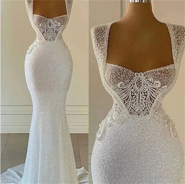 Chic Fashion Mermaid Wedding Dresses Bridal Gown Floor Length Lace Applique Sleeveless Sparkly Sequins Custom Robe De Mariée Black