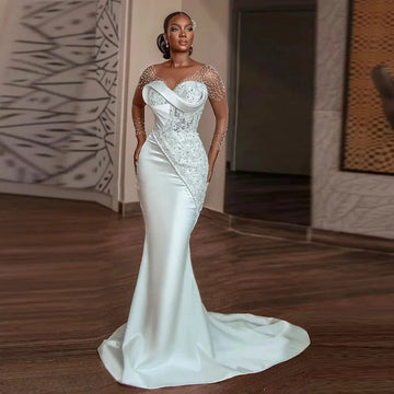 white lace mermaid wedding dresses pearls beaded sheer long sleeves bridal gowns african sweep train wedding vestidos Ivory