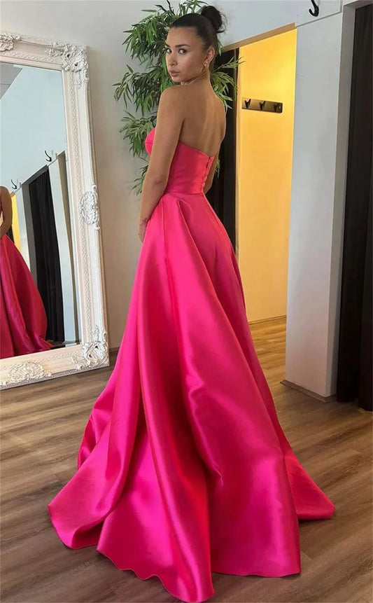 Fuchsia Satin Prom Dresses Strapless A-line Wedding Dress Elegant Sleeveless Floor-Length Heart Neck Vestidos De Fiesta