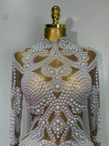 High Quality Women Sexy Rhinestone Pearl Mesh Transparent Dress Birthday Celebrate Dress Evening Party Dance Performance Costume