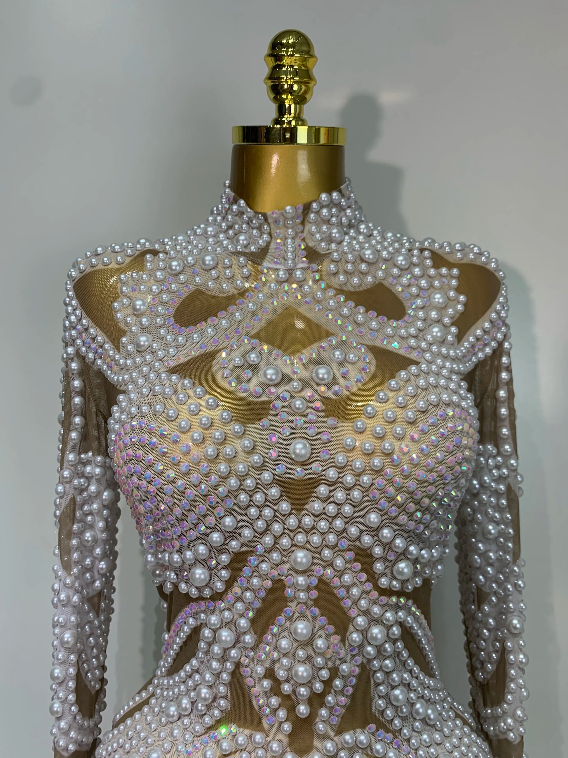 High Quality Women Sexy Rhinestone Pearl Mesh Transparent Dress Birthday Celebrate Dress Evening Party Dance Performance Costume