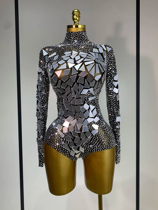 Luxury Rhinestones Mirrors Sexy Sheath Bodysuit Women Nightclub DJ Performance Costume Evening Party Celebrate Stage Wear black