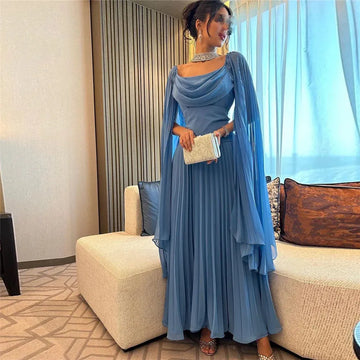 Elegant Blue Arabia Chiffon Prom Dresses Scoop Long Cape Sleeves Pleated Party Growns As Picture