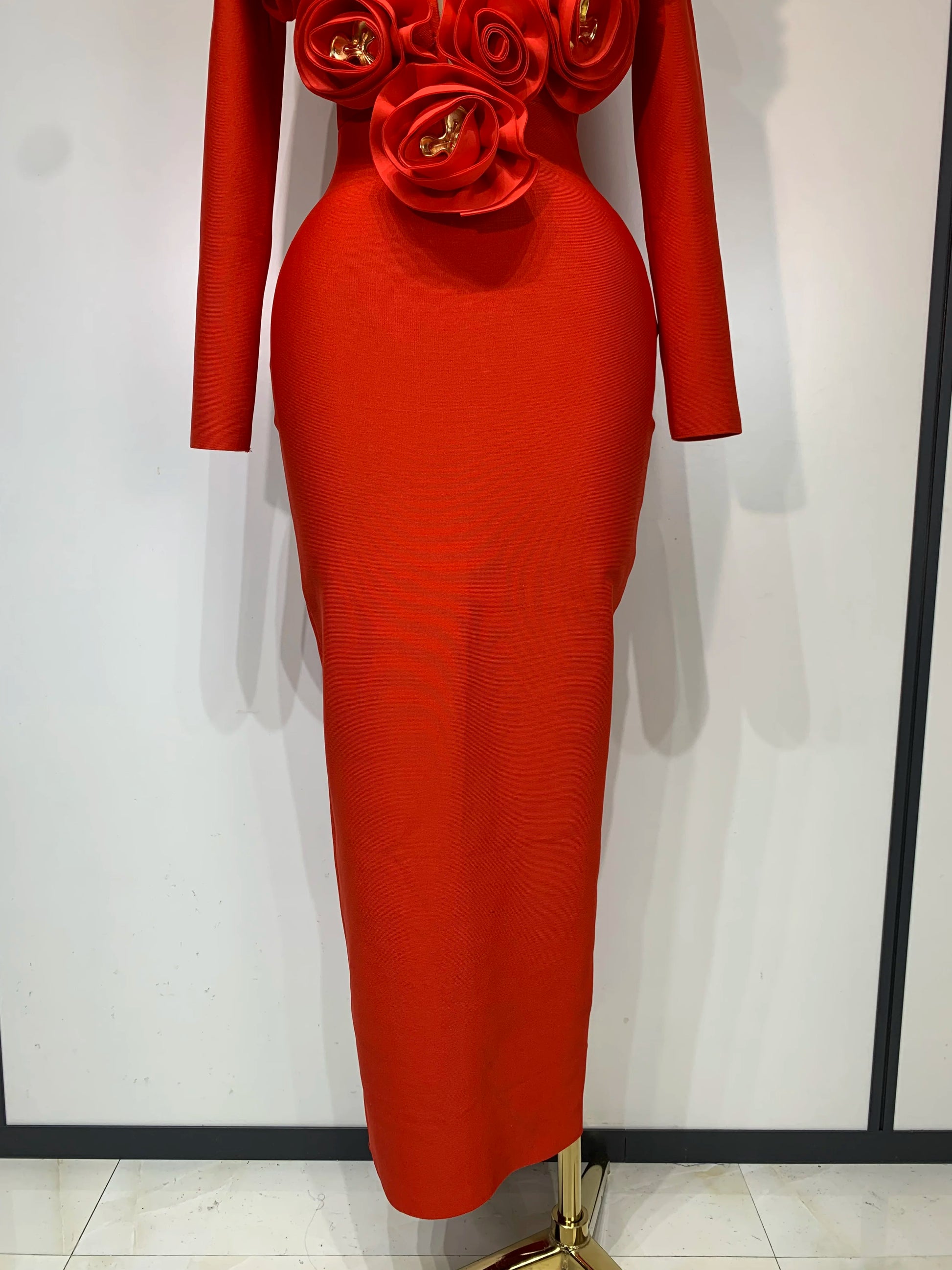 Sexy Fashion Red 3D Flower Long Sleeves Bodycon Long Bandage Dress Women Celebrity Elegant Evening Party Birthday Dresses