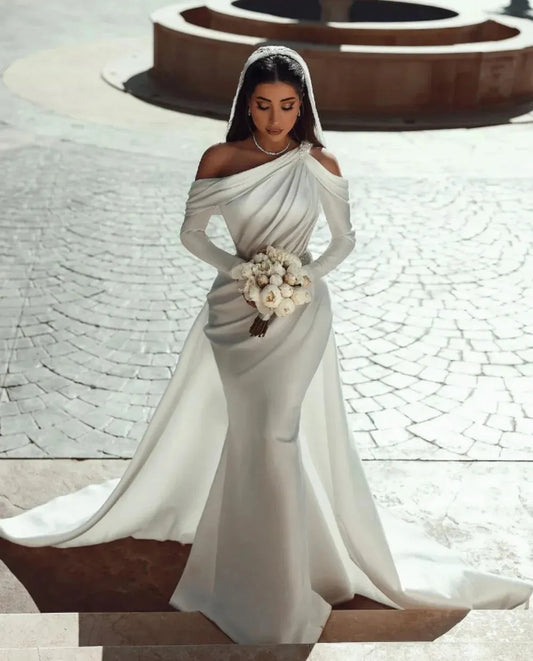 Sparkly Sequin Belt Wedding Dress Off-Shoulder Long Sleeves Satin Mermaid Pleats Floor-Length Vestidos Elegantes Para Mujeres As Picture