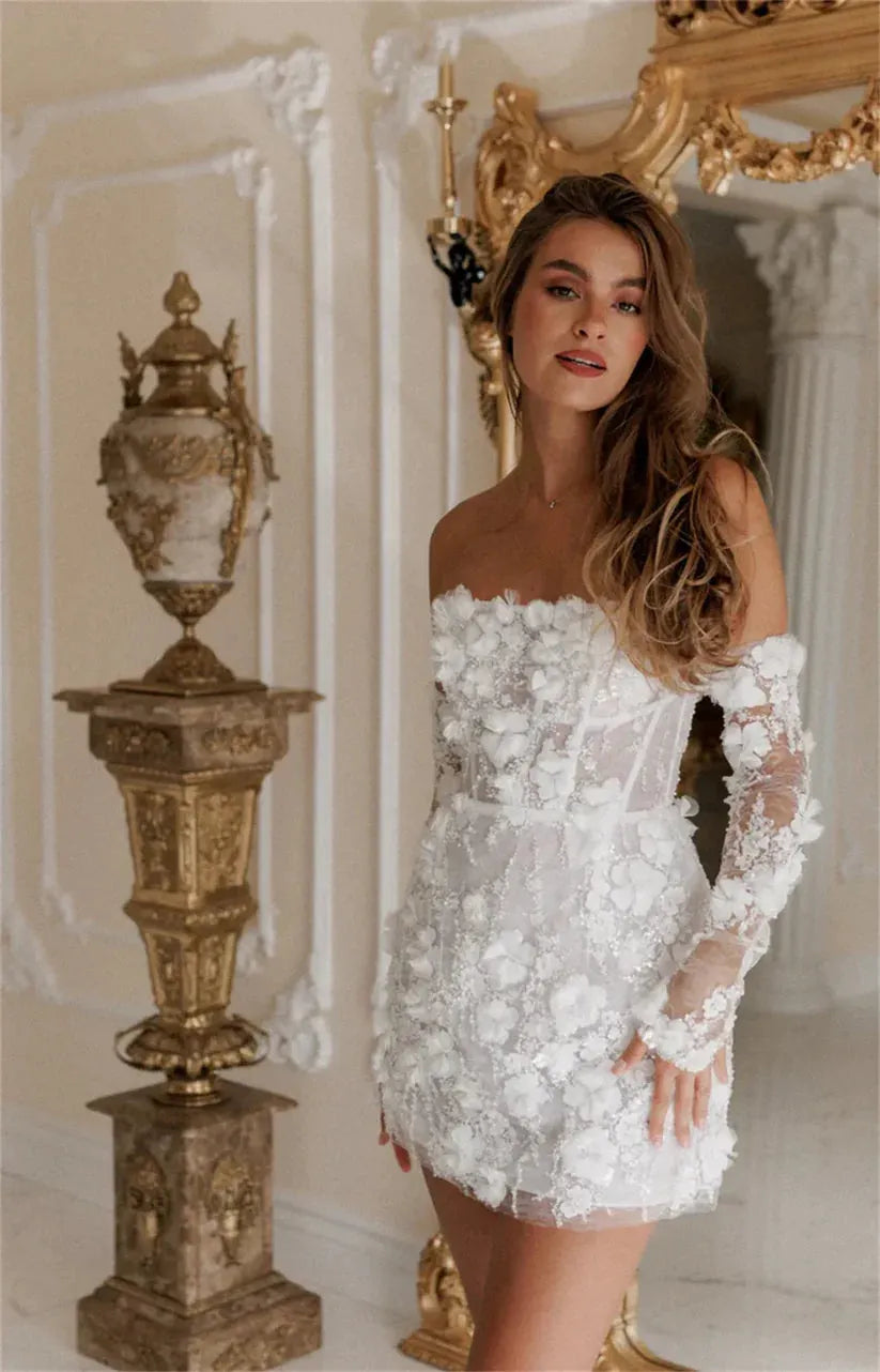 White Mini Prom Dresses Flower Lace Embroidery Evening Dress Elegant Off Shoulder Detachable Sleeves vestidos de fiesta