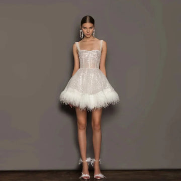 Amanda Glitter Mini Vestido De Novia Sexy Feather Train Ball Gown Prom Gown Shiny Short Prom Dress Flashing