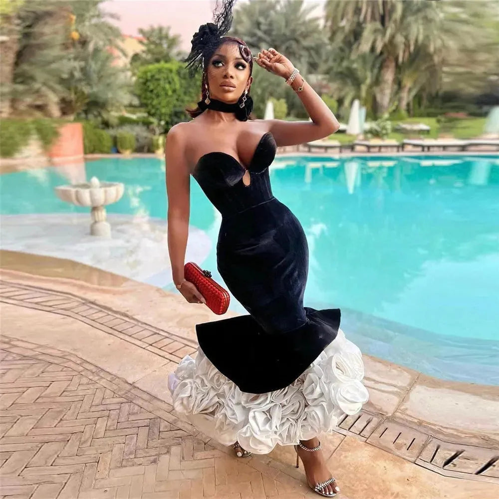 Sexy Black African Sheath Prom Dresses Velvet Mermaid Strapless 3D Flo
