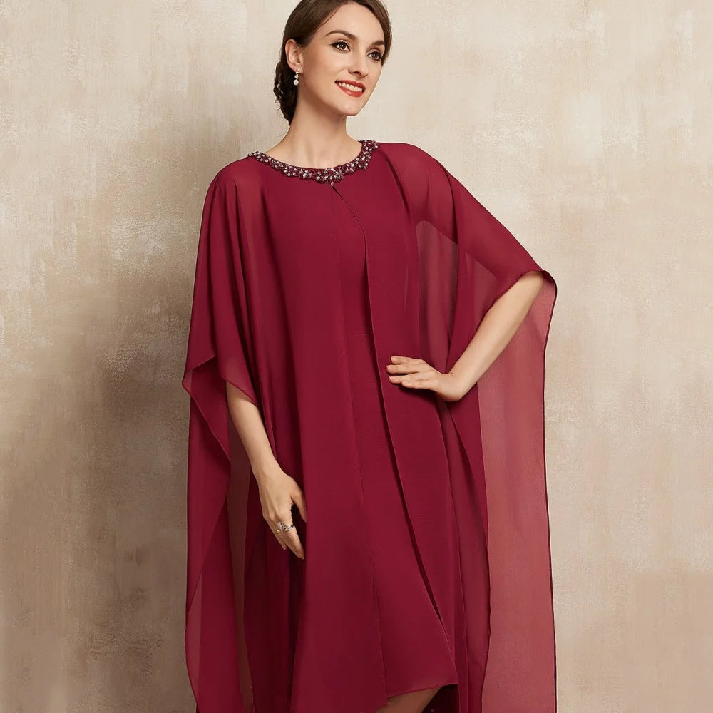 Customized O Neck Mother of Dresses Straight Casual Evening Gowns Crystal Wine Red Bride Party Dress robes invitée mariage
