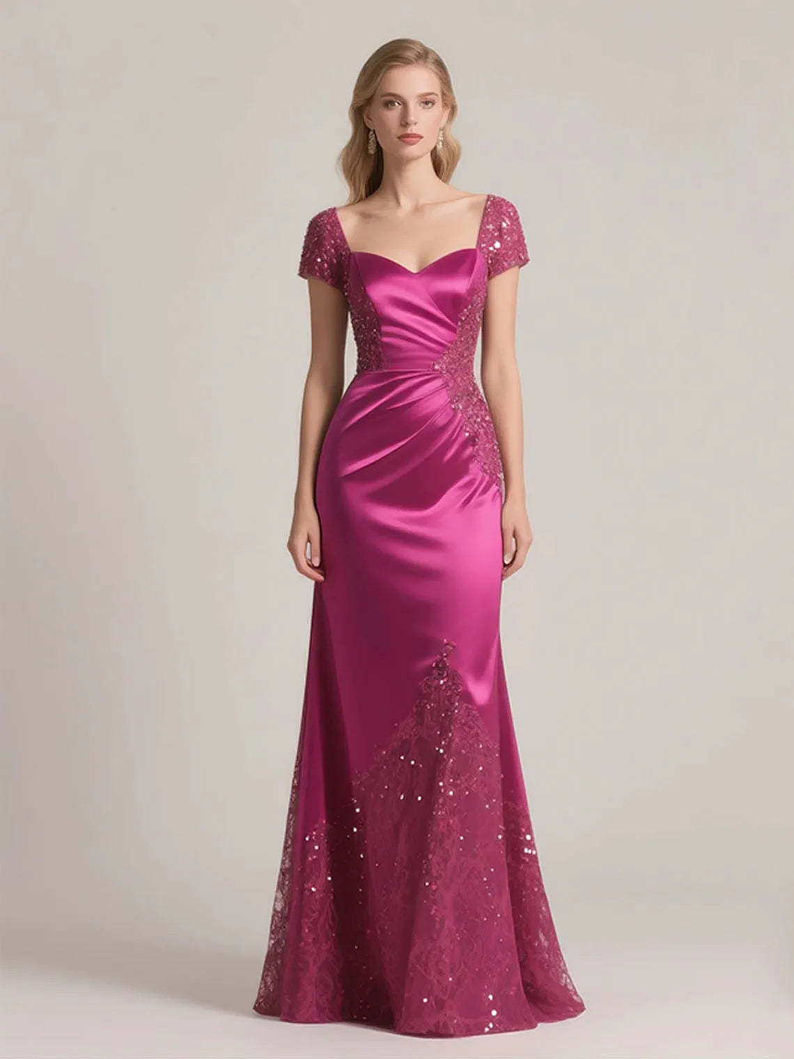 Mother Of The Bride Dress - Elegant Satin Mother of the Bride Dress Short Sleeves Appliques Sequin Luxury Formal Long Evening Gown 2025 Free Customized Fuchsia 2
