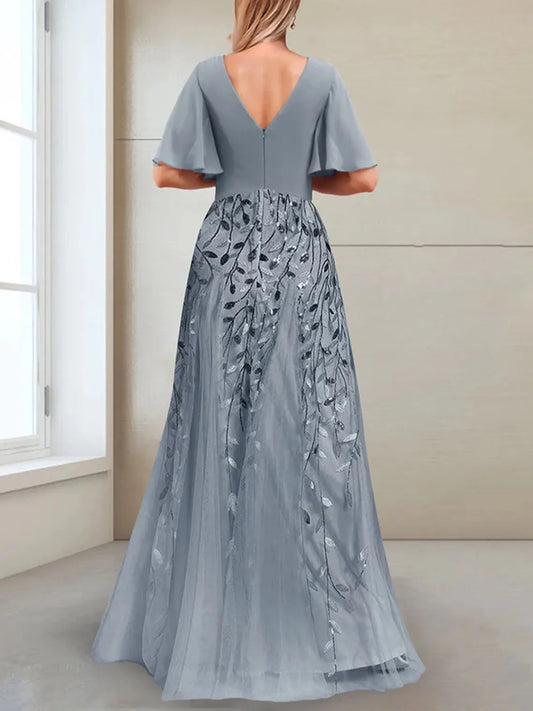 Elegant A-line Prom Gown V-Neck Chiffon Half Sleeves Ruffles Sequins Appliques Floor-Length Evening Dress 2025 Free Customized