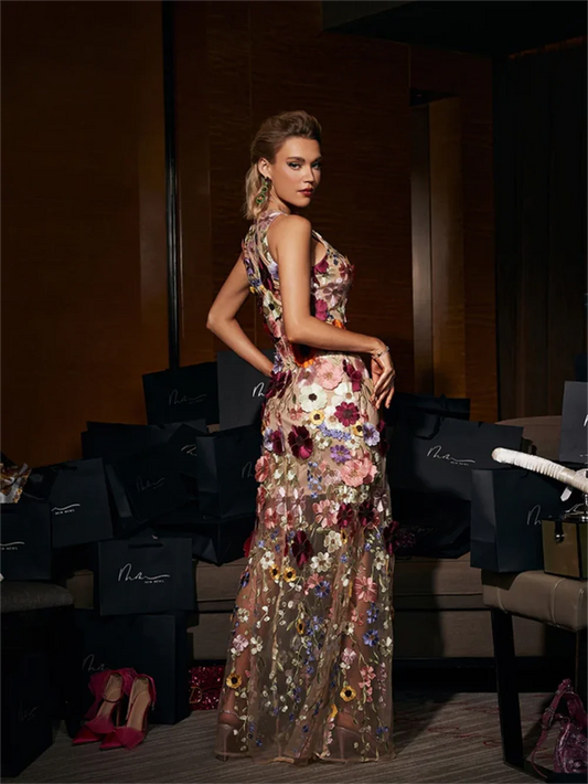 Flower Lace Embroidery Prom Dresses Crew-neck Evening Dress Elegant Sleeveless A-line Two Layers Party vestidos de fiesta