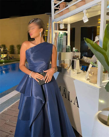 Dark Blue One Shoulder A-line Satin Prom Dresses Elegant Sleeveless Ankle-Length Formal Evening Dress