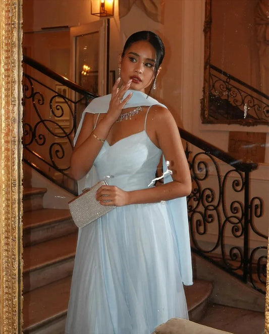 Light Blue Prom Dresses Detachable Shawl Evening Dress Elegant Spaghetti Strap Sexy Side High Split Vestidos De Fiesta