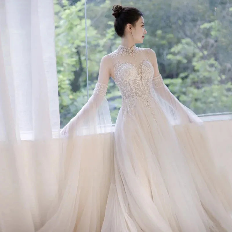 Boho Wedding Dress New French Style With Detachable Cap Luxury Embroidery Zipper With Buttones