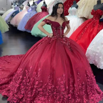 Burgundy Butterfly Quinceanera Dresses Off-Shoulder Luxury Lace Cinderella 16 Princess Gowns Vestidos De 15 Anos Burgundy