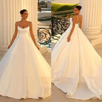 Elegant A Line Satin White Ivory Wedding Dresses Sexy Backless Spagehtti Straps Bridal Gowns Maternity Dress Vestidos De Novia