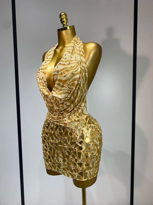 Women Sexy Backless Deep V Neck Mini Gold Dress Celebrity Elegant Evening Prom Dresses Birthday Photo Shoot Nightclub Costume