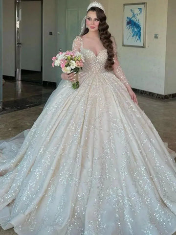 Haute Couture Romantic white The Bride Dress With Long Sleeve Lace Beading Sequin V-Neck Floor-Length Bespoke Wedding Dress As Picture