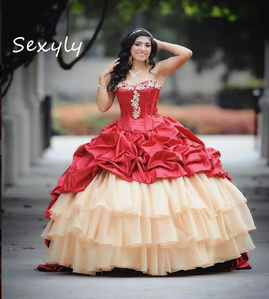 Red And Gold Vestidos De 15 Quinceañera Dress Elegant Ruffles Beaded Sweet 16 Dress 2025 Corset Xv abiti da cerimonia Customized Red
