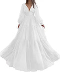 Long Puff Sleeves Prom Dresses V-Neck Pleats Chiffon Princess Evening Gowns Women Party Dress Plus Size White