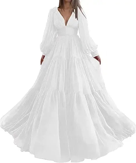 Long Puff Sleeves Prom Dresses V-Neck Pleats Chiffon Princess Evening Gowns Women Party Dress Plus Size White