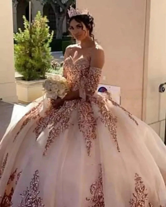 Sweetheart Quinceanera Dresses For 15 Party Detachable Sleeves Applique Formal Birthday Princess Gowns HOT Pink