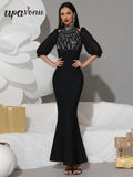 2025 Women Light Luxury Rhinestone Design Fish Tail Bandage Dress Stand Collar Lantern Sleeves Bodycon Long Dress Party Vestidos