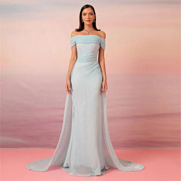 Baby Blue Saudi Arabic Prom Dresses Off The Shoulder Formal Evening Gowns Floor Length Dubai Women Party Dresses As Picture