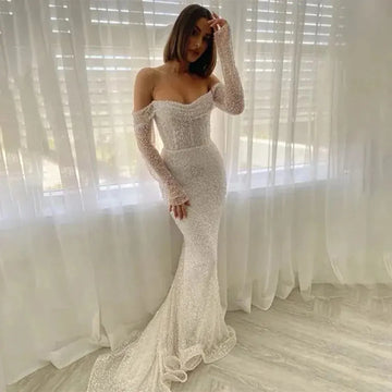 Glitter Sequins Wedding Dresses Luxury Off The Shoulder Bodycon Corset Long Sleeves Wedding Gowns Mermaid Bride Dress As Picture