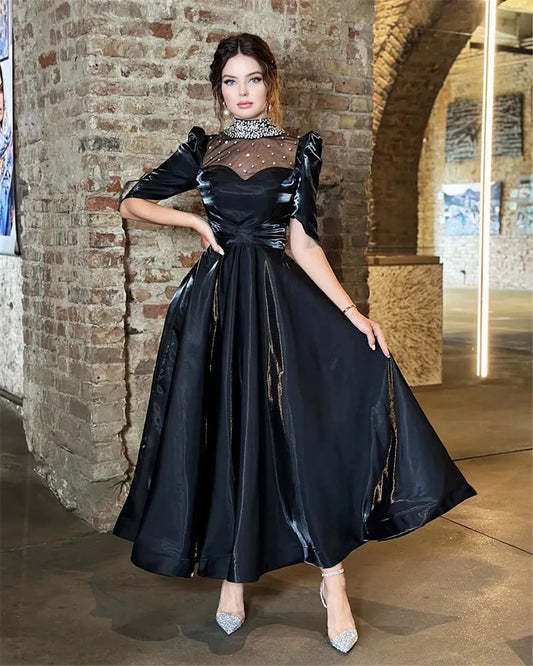Elegant Green Arabia Prom Dresses Taffeta O-Neck Half Sleeves Sequineds Tea Length Evening Dresses Women Party Gowns Black