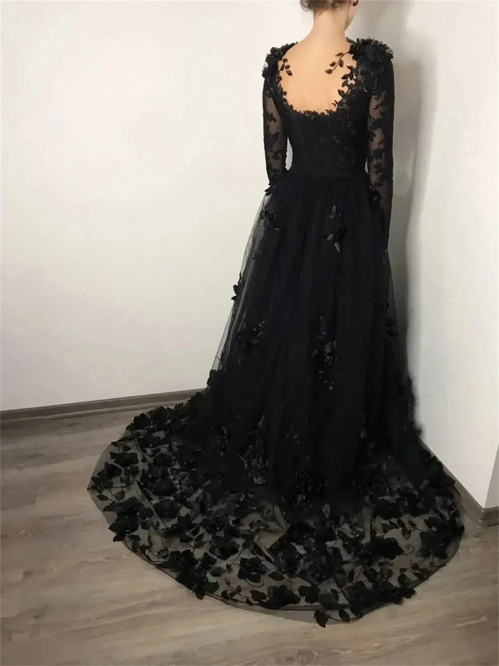 Luxury Lace Embroid Prom Dress Sexy Long Sleeve A-line Black 3D Flower Embroid Vestidos De Noche