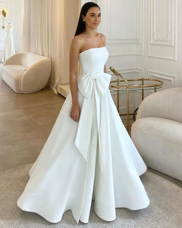 Satin Wedding Dresses Side Slit Satin A-Line Wedding Party Gowns Strapless Elegant Long Bride Gowns