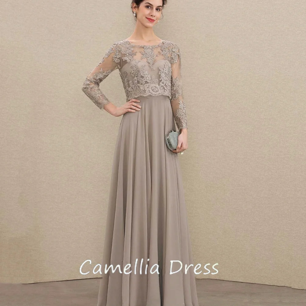 Customized Elegant A Line Chiffon Mother of Bride Dresses Long Sleeve Formal Evening Gowns Lace Bridal Party Dress
