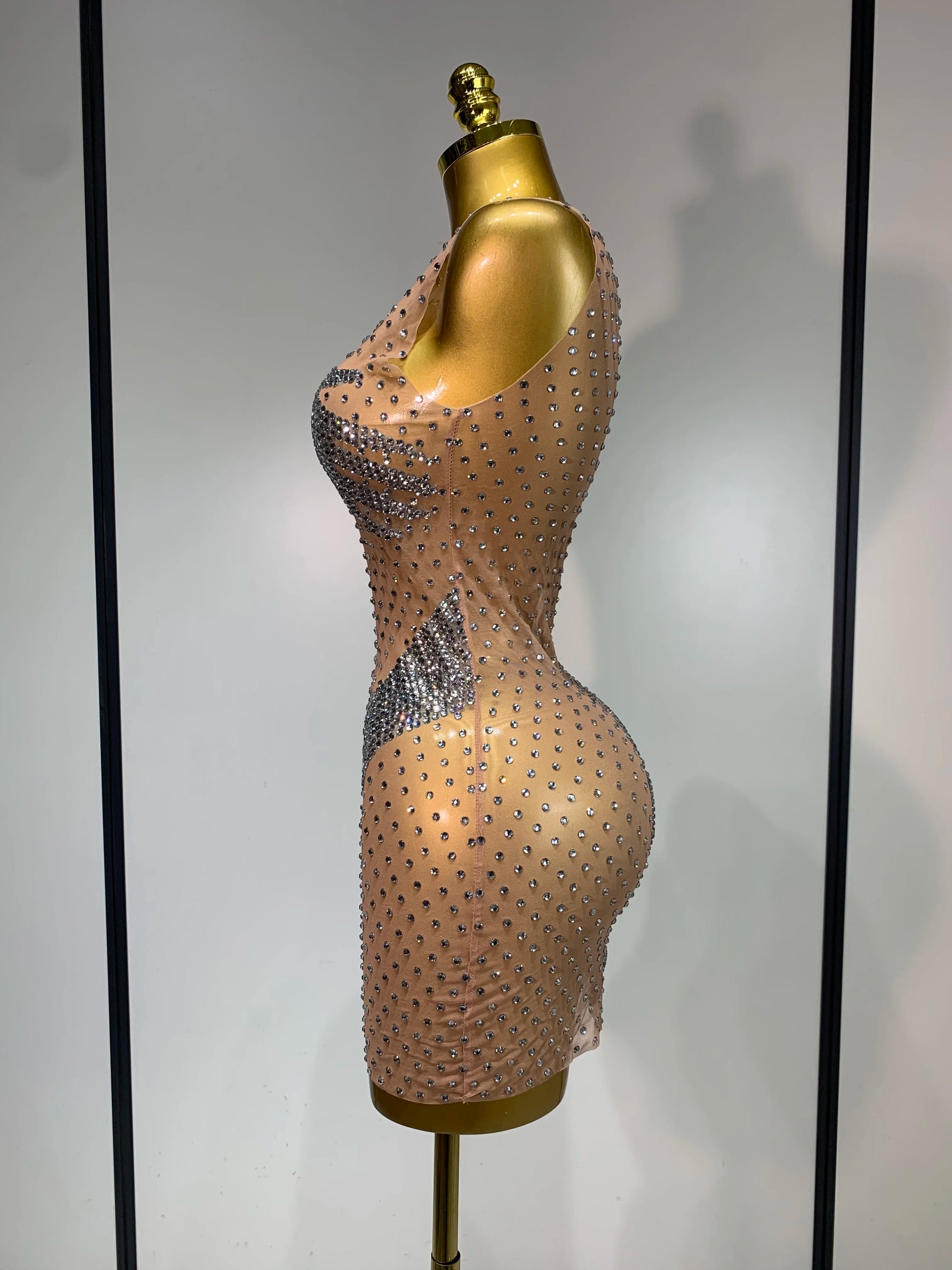Sexy Sparkly Diamonds Mesh Transparent Stretch Mini Dress Women Evening Party Luxury Birthday Nigthclub Stage Performance Outfit