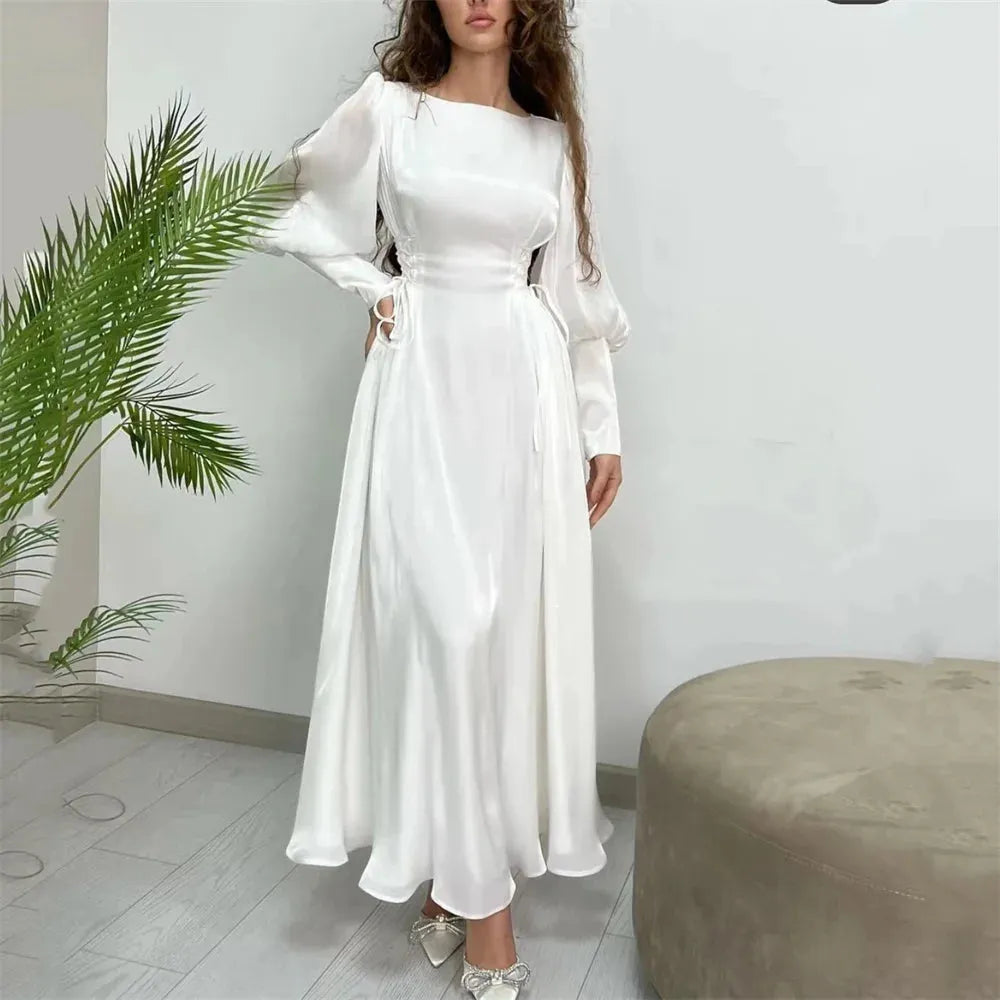 Bella Muslim Silk Satin Prom Dresses Modest A-line Wedding Dress Elegant Long Sleeves Ankle-Length Pleat Vestidos De Fiesta White