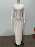 2025 Elegant Women's Light Luxury Nail Bead Bandage Dress High Collar Long Sleeve Bodycon White Long Dress Evening Party Vestido WHITE
