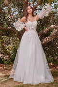 Amanda Luxury 3D Flower A-line Vestidos De Noche White Puffy Sleeve Romantic Tulle Prom Dress