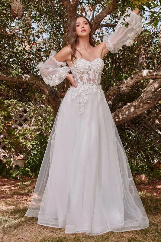 Amanda Luxury 3D Flower A-line Vestidos De Noche White Puffy Sleeve Romantic Tulle Prom Dress