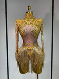 Women Long Sleeve Sexy Shinning Tassels Rhinestone Bodycon Bodysuit High Stretch Bar Dancer Nightclub Stage Wear Birthday Outfit Gold