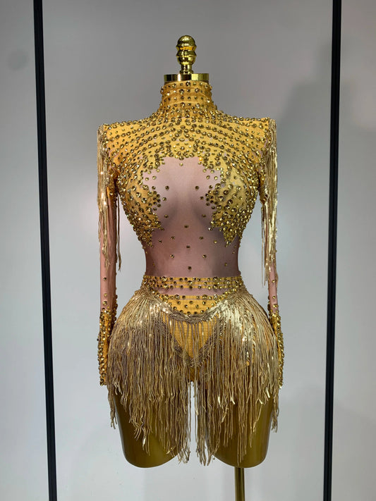 Women Long Sleeve Sexy Shinning Tassels Rhinestone Bodycon Bodysuit High Stretch Bar Dancer Nightclub Stage Wear Birthday Outfit Gold